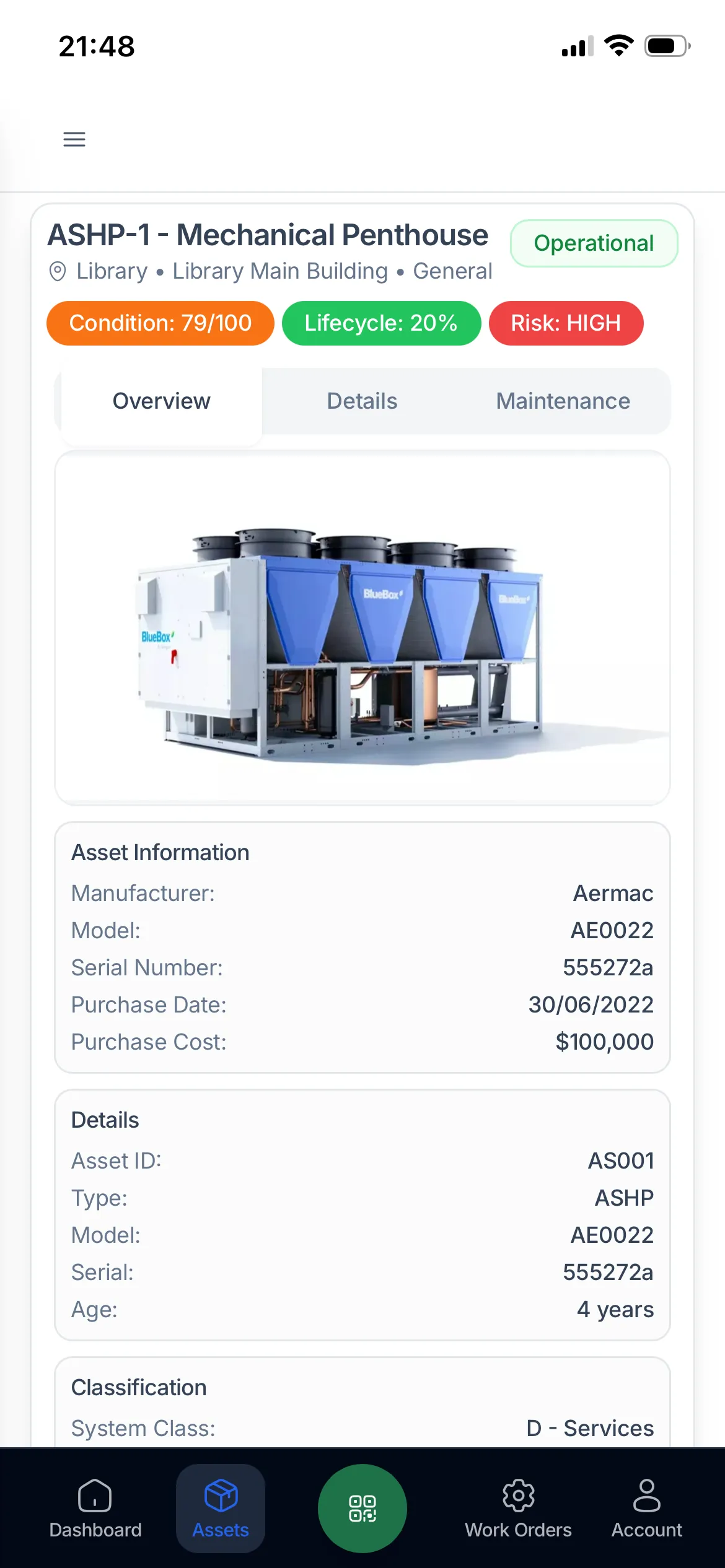 AssetLab mobile app showing asset details and maintenance data