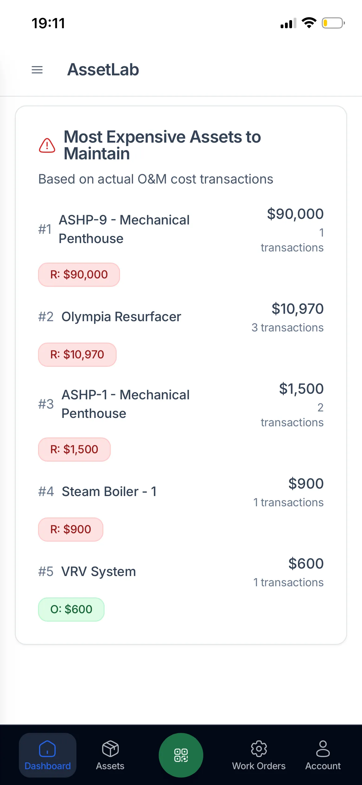 AssetLab mobile app showing asset details and maintenance data