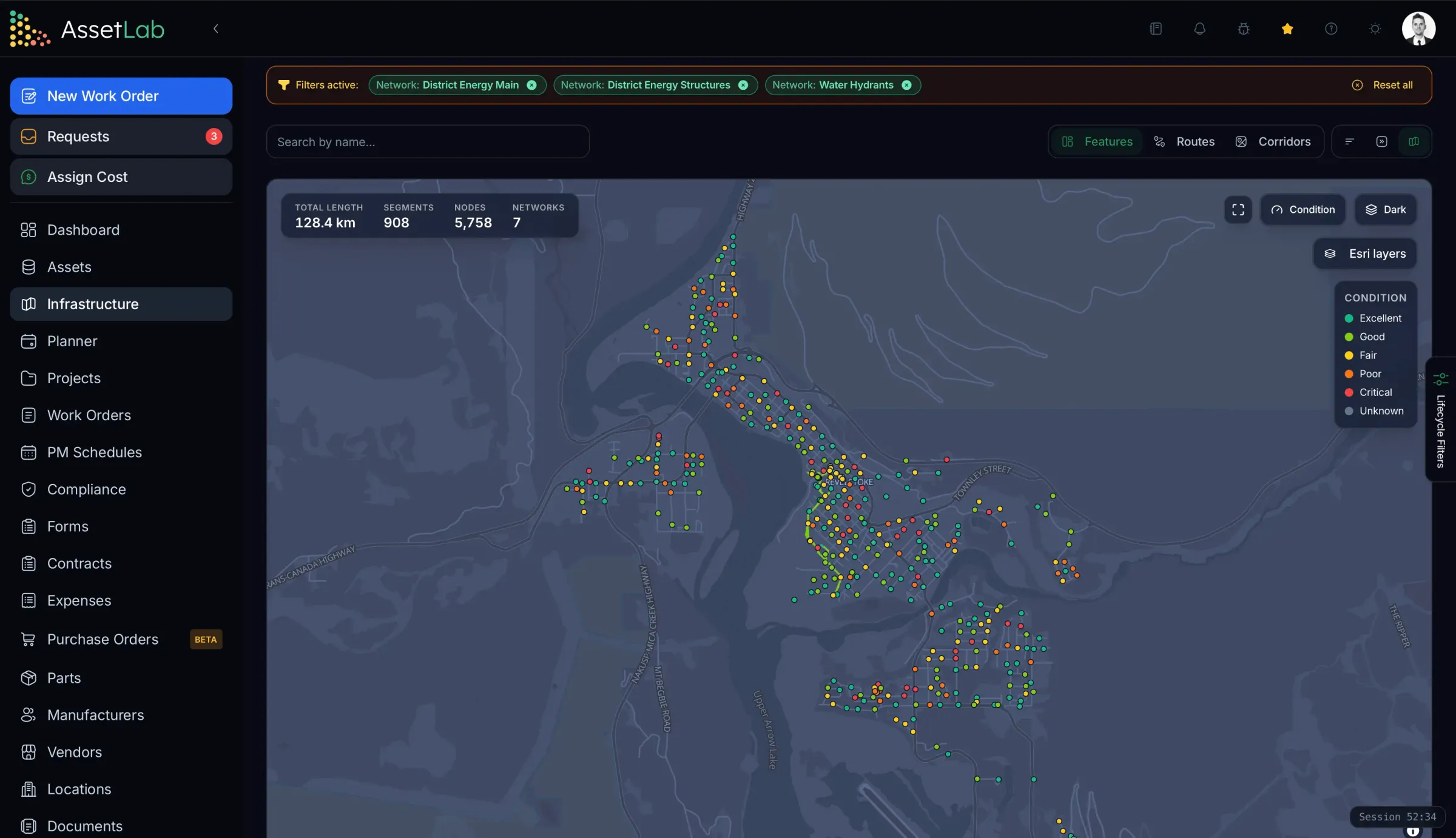 AssetLab Infrastructure map showing district energy and hydrant networks as features coloured by condition, with 128.4 km of segments across seven networks