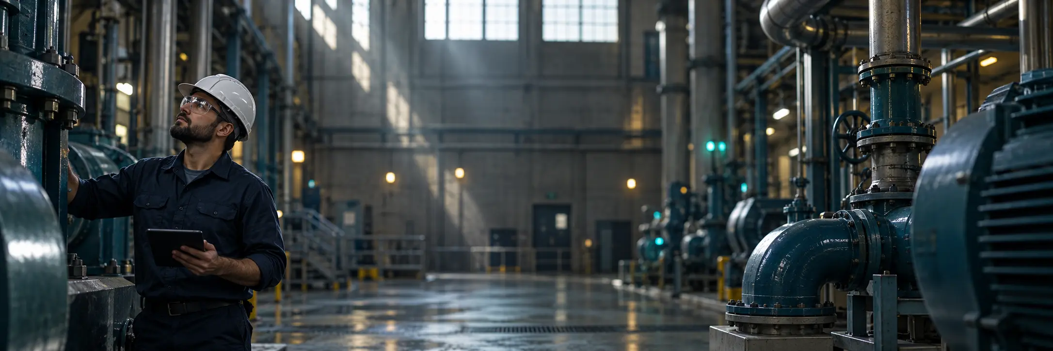 A maintenance technician with a tablet inspecting pumps in an industrial plant
