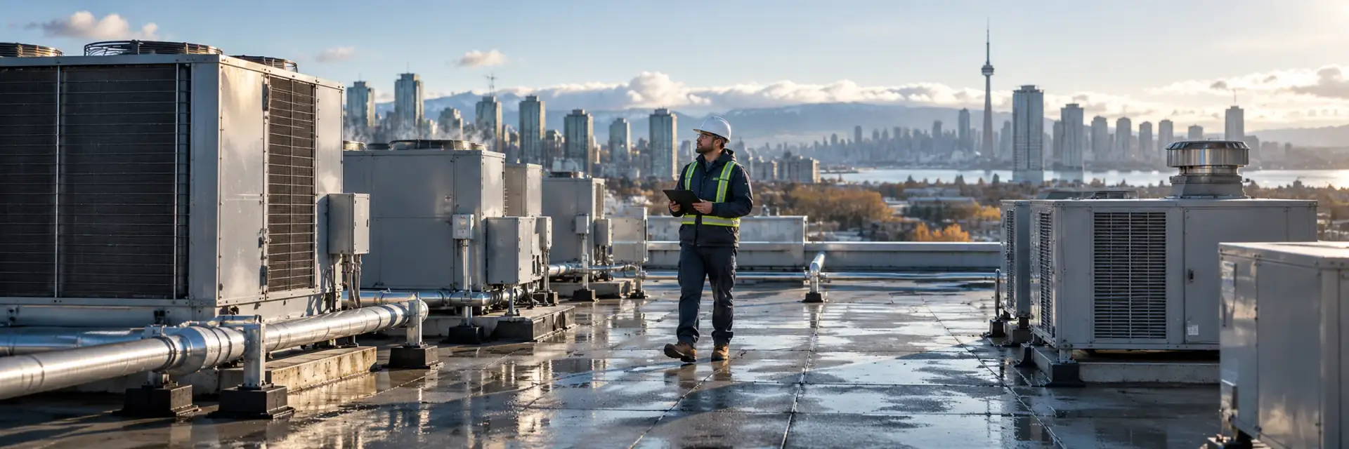 A facility technician with a tablet walking a rooftop of HVAC units above a city skyline