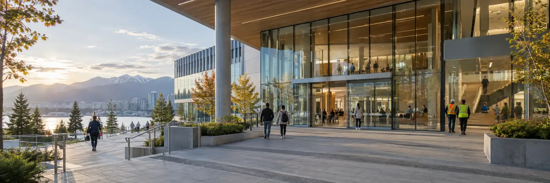 People walking into a modern public building on a waterfront with mountains behind
