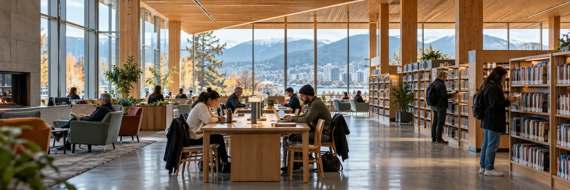People reading and working at tables in a community library with mountain views