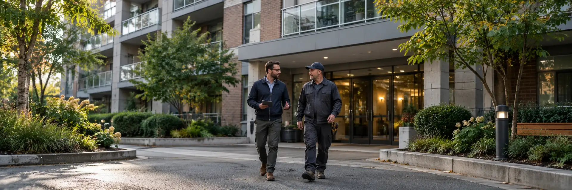 A property manager and a maintenance technician walking out of a condo building courtyard