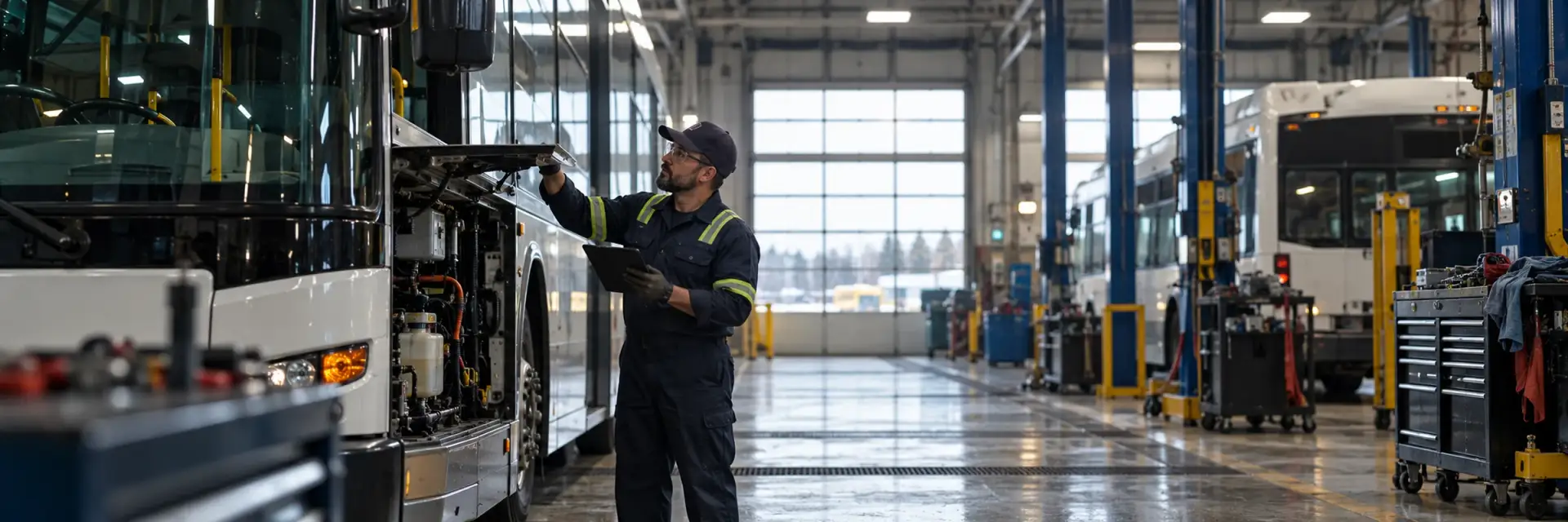 A technician with a tablet inspecting an open service panel on a transit bus in a maintenance garage