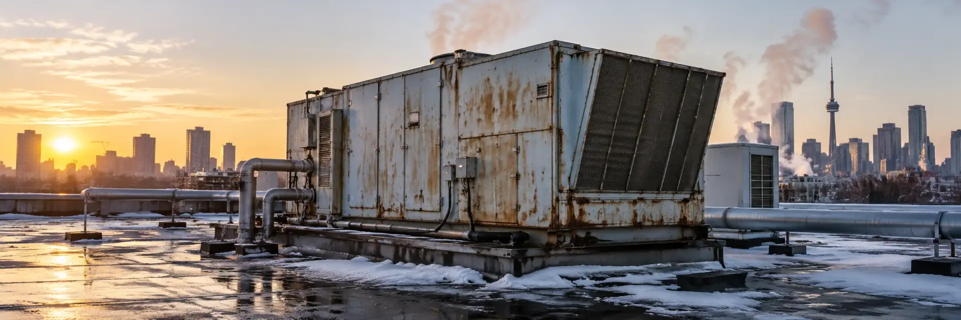 An ageing, rusted rooftop unit on a snowy roof with the Toronto skyline behind