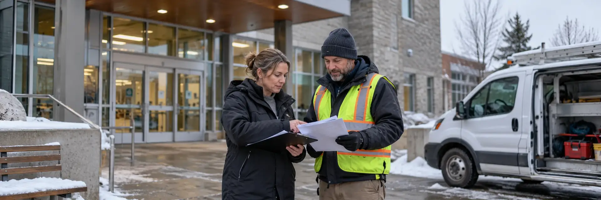 A facility manager and a contractor in hi-vis reviewing paperwork outside a building in winter