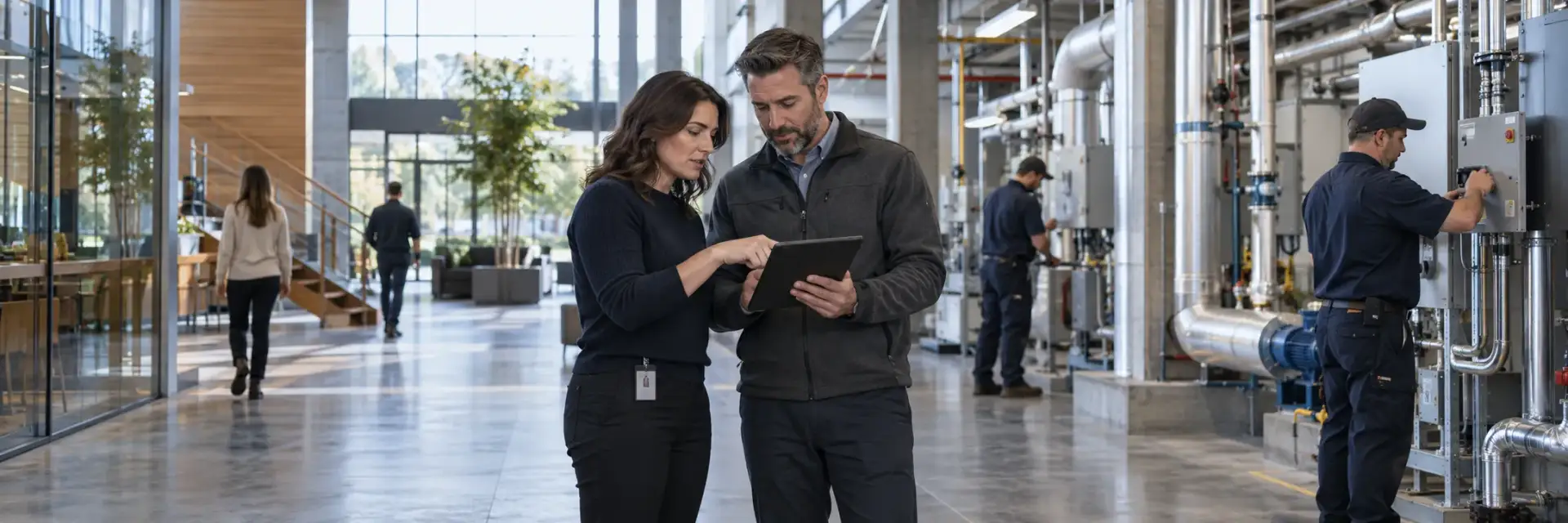A facility manager and a colleague reviewing a tablet in an office atrium beside a plant room where technicians work