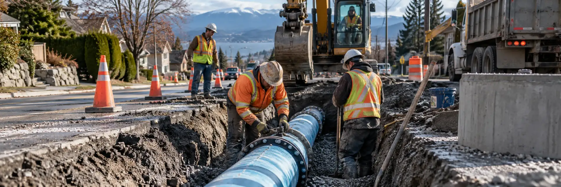 A road crew laying a new watermain in a trench on a residential street