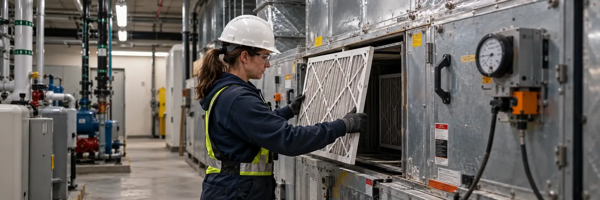 A technician in a hard hat replacing a filter in an air handling unit