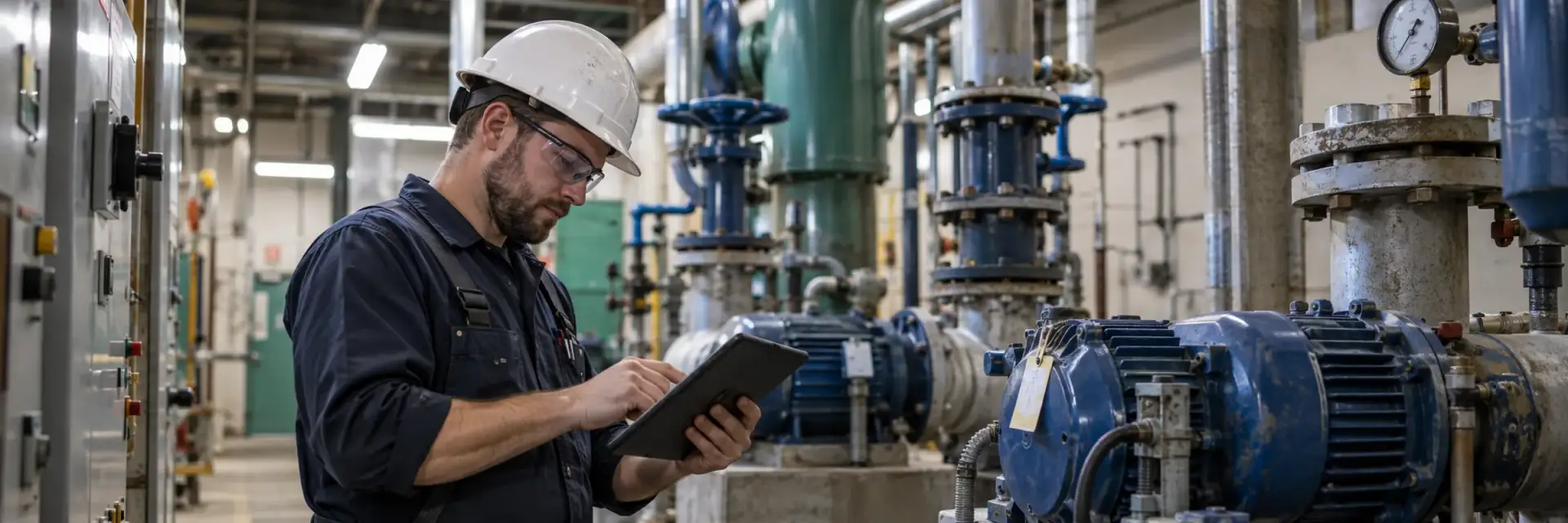 A technician in a hard hat checking pump motors on a tablet in a plant room
