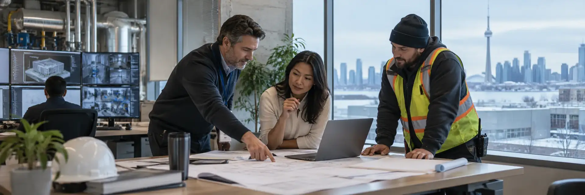 A facility manager, a planner and a site lead in hi-vis reviewing drawings at a table above a city skyline