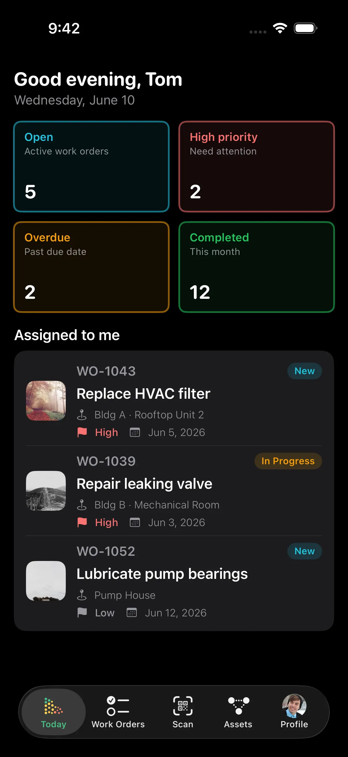 AssetLab mobile app showing asset details and maintenance data