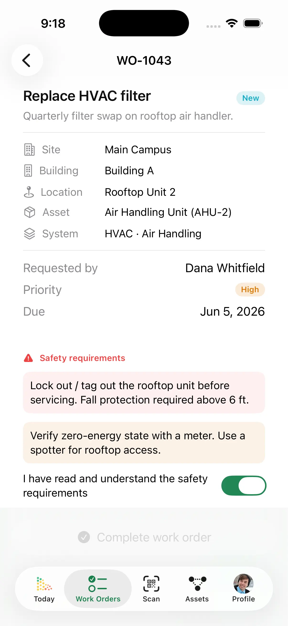 AssetLab mobile app showing asset details and maintenance data
